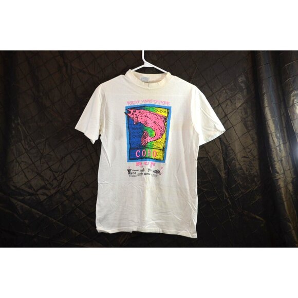 West Vancouver 14 Kilometer Coho Run 1990 Medium White Shirt Hanes Vintage YMCA - Picture 1 of 12